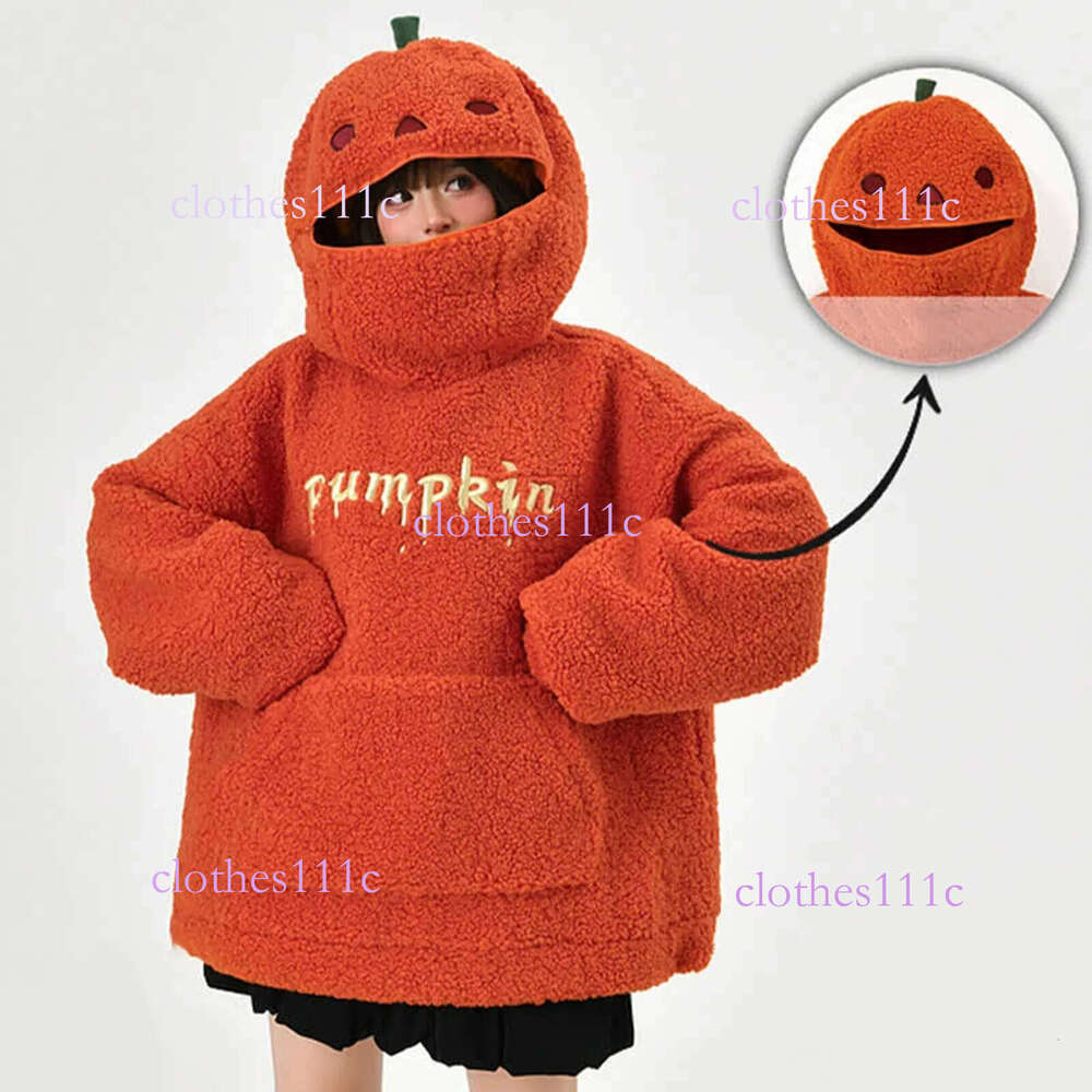Autumn Hoodies Halloween Party Pumpkin Head Lamb Fleece Women Hooded Sweatshirt Embroidery Thicken Streetwear