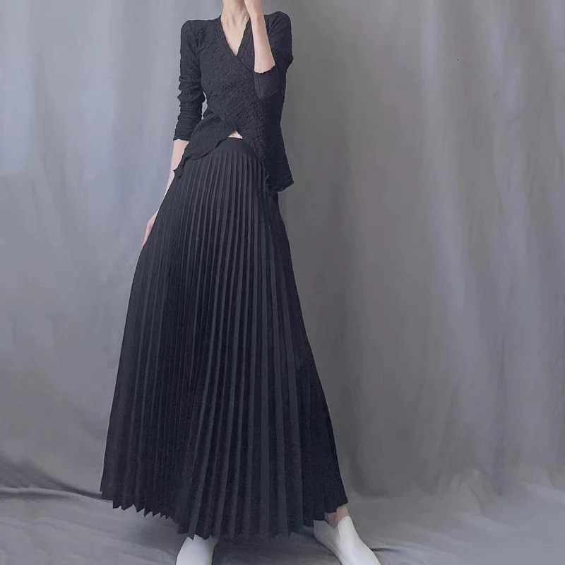 TFETTERS Spring Clothes Women 2025 Autumn Fashion Casual Office Lady Pleated Skirt Women Hight Waist Solid Long Skirt 251013