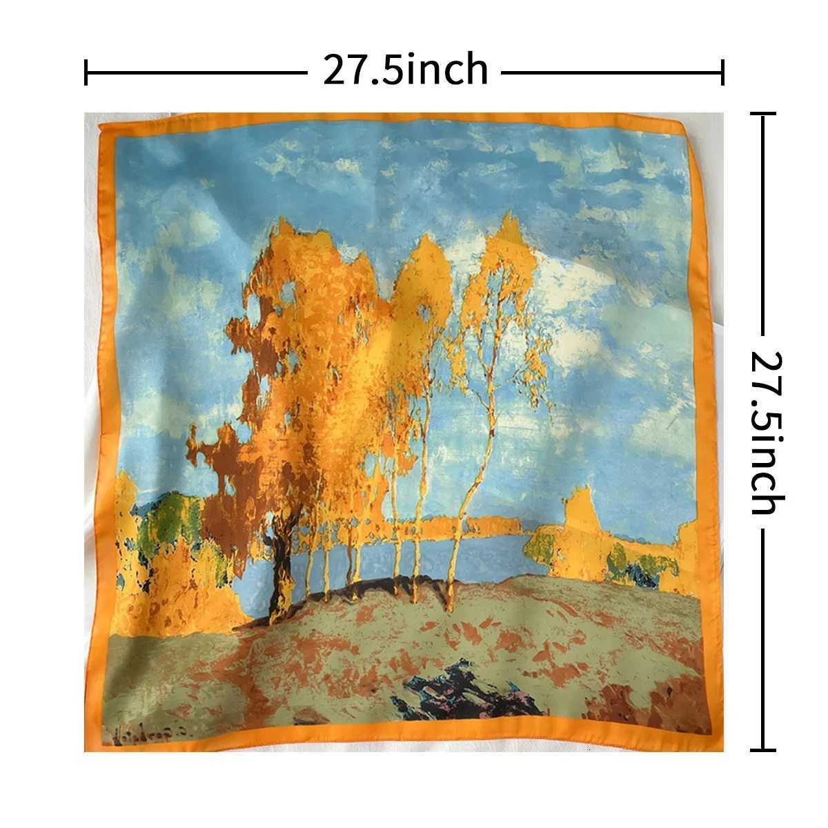 Tree Oil Painting Print Neckerchi ic Imitation Silk Square Scarf Breathab Bandana Wrap Hair AccoriesW251021