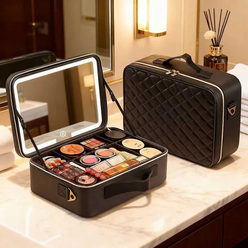 Large Size Female Travel Professional Makeup Case With Mirror 3 Color LED Lights Makeup Bag WomenCosmetic Train Case Beauty BoxW251021