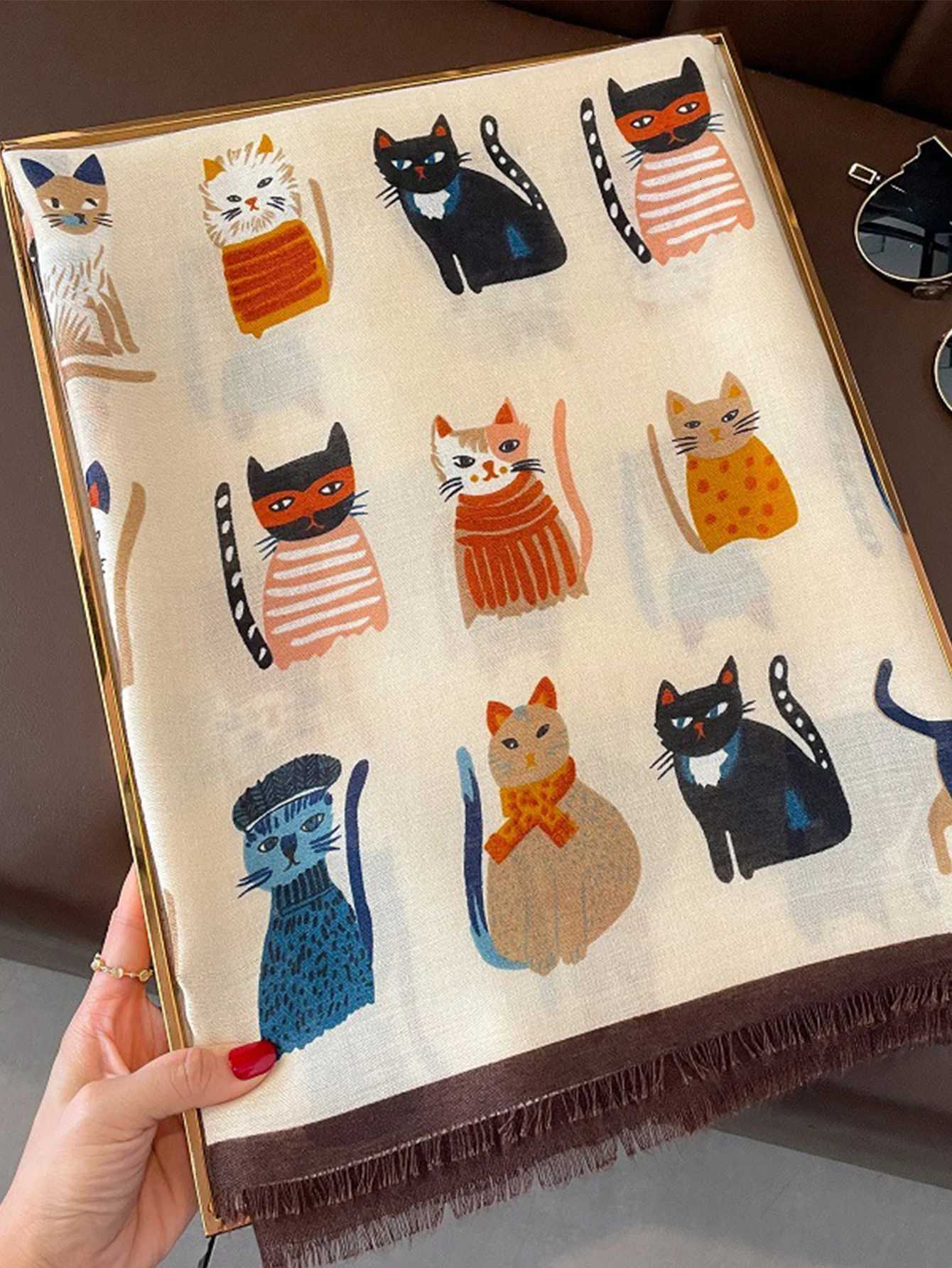 Animal Printed Scarf Cartoon Cat Pattern Hijab Soft Viscose Remove Edge Long Shawl Women Colorful Foulard Wraps Tippet W251021