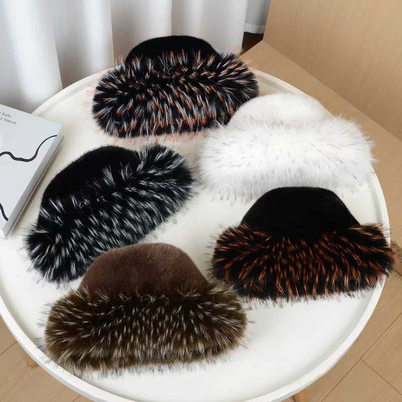 New Flat Top Hat Plush Hat Autumn Winter Thickened Warm Faux Mink Raccoon Fur Colorful Fur Tip H251020