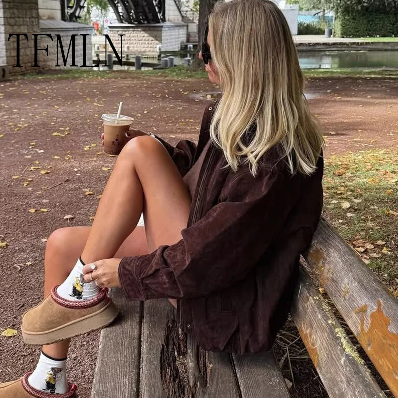 TFMLN Fashion Womens Suede Jackets Female Pockets Elegant Warm Coat Chic Street Zipper Casual Coats 251021