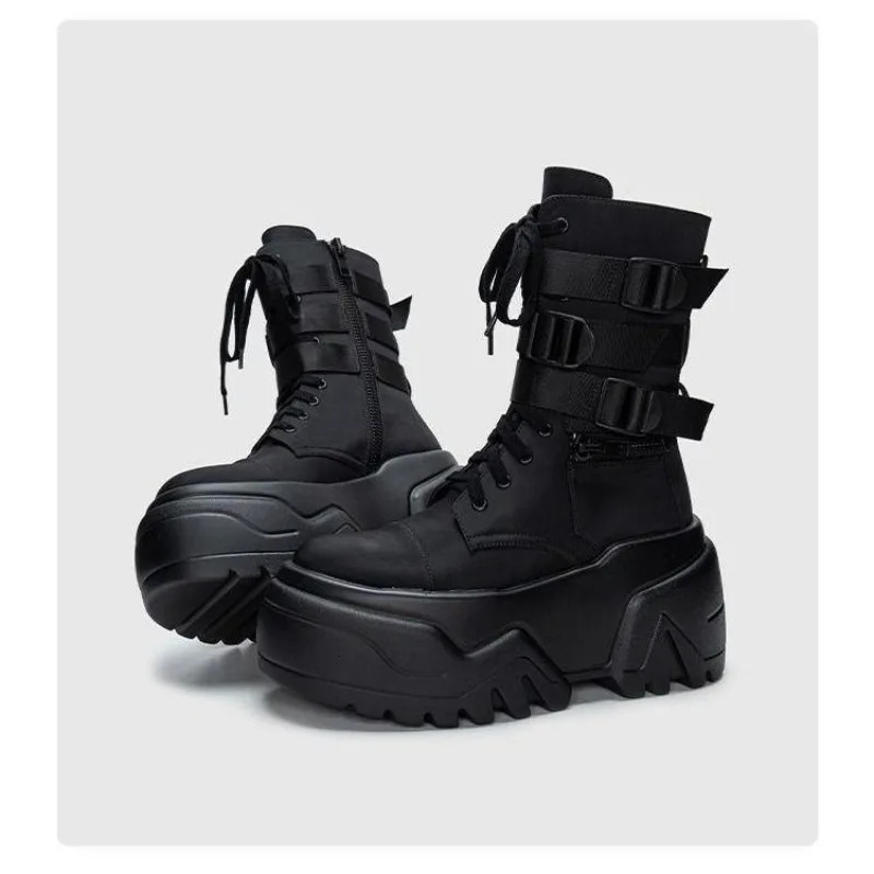 Women Ankle Booties Autumn Leather Chunky Shoes Woman High Platform Breathable Sneakers 9CM Thick Sole Wedges Motorcycles Boots251020