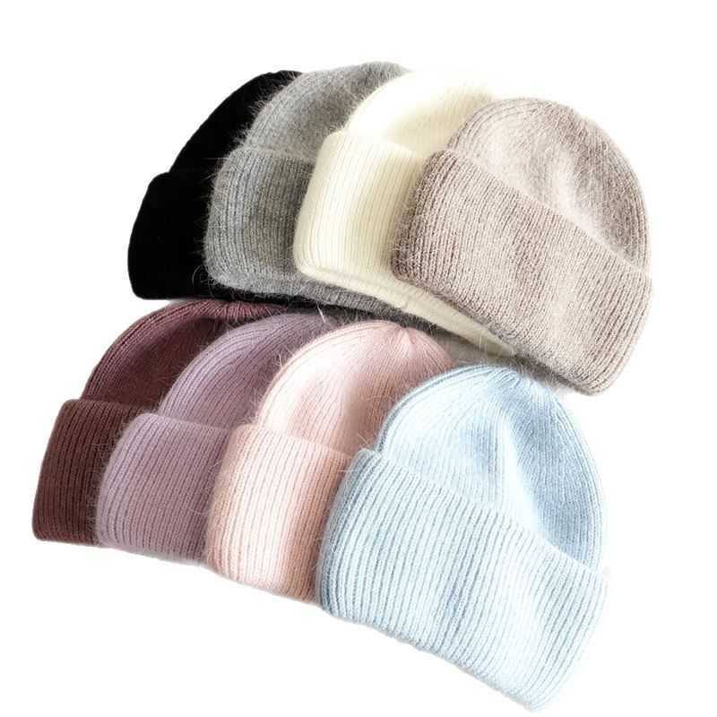 Min Light Luxury Rhinestone Rabbit Fur Double Folded Edge Knitted Hat Winter Cold Warm Wool Ear Protection Hat for Women H251020