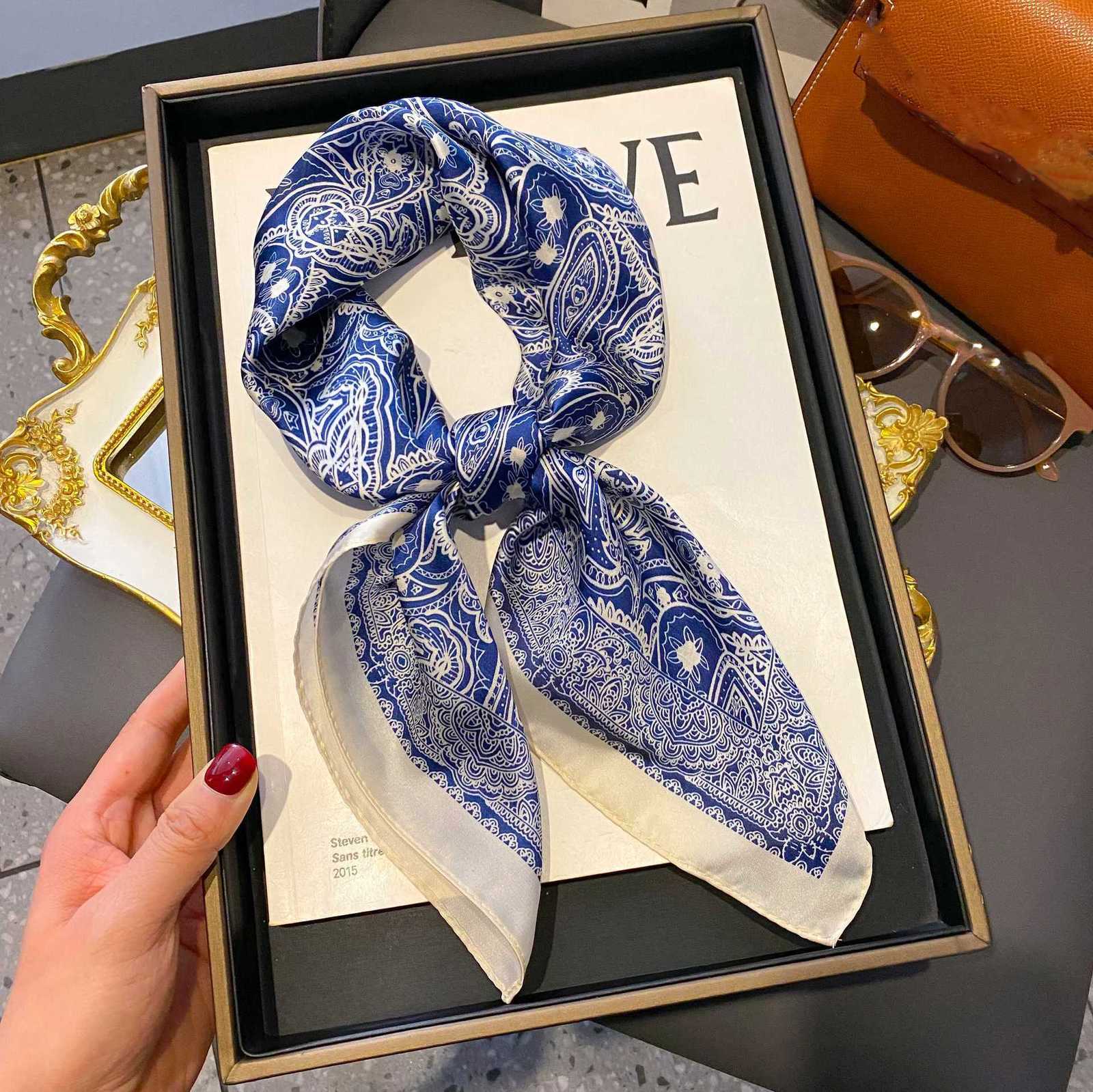 Luxury Design Silk Square Scarf Women Flower Print Foulard Neckerchief Lady Soft Satin Tie Shawl Wraps Hairband Head Hijab Gifts W251021