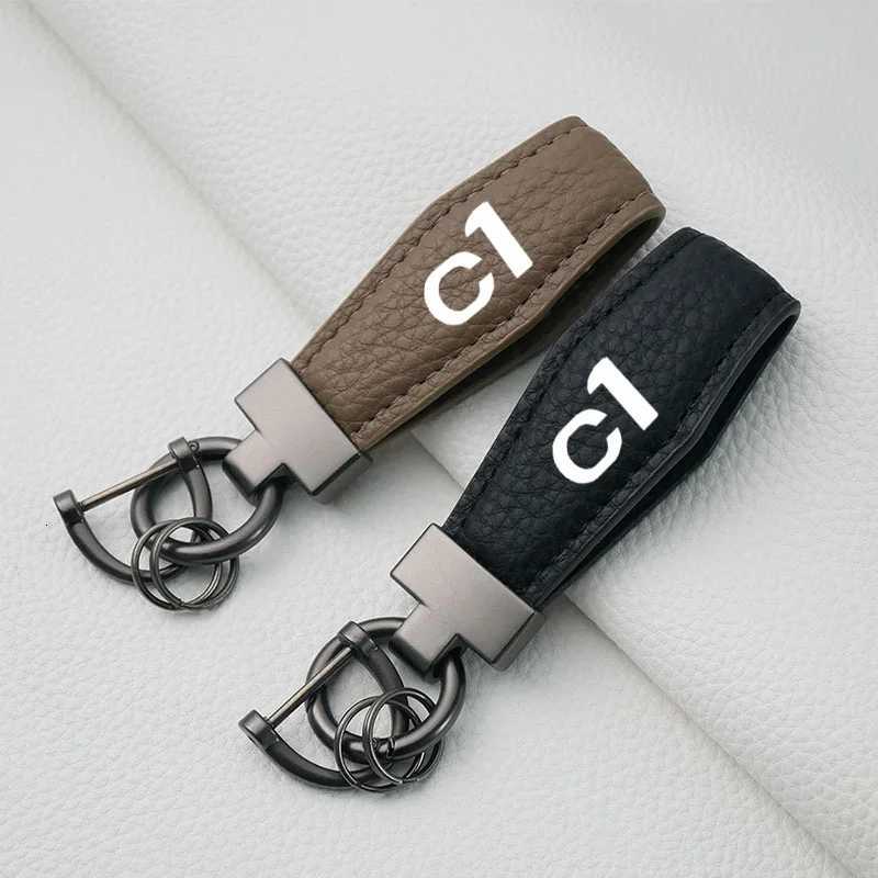 Luxury Genuine Leather Plaid Keychain Women Men Black Buckle Car Chain Holder For Citroen C1 Auto Accessories Square Pattern W251021