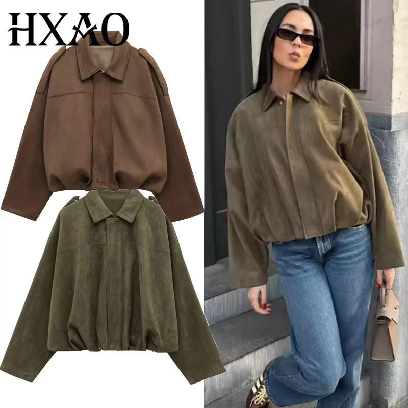HXAO Womens Jackets Cropped Suede Jacket Women DemiSeason Bomber Long Sleeve Coats Oversize Zipper Solid 251021
