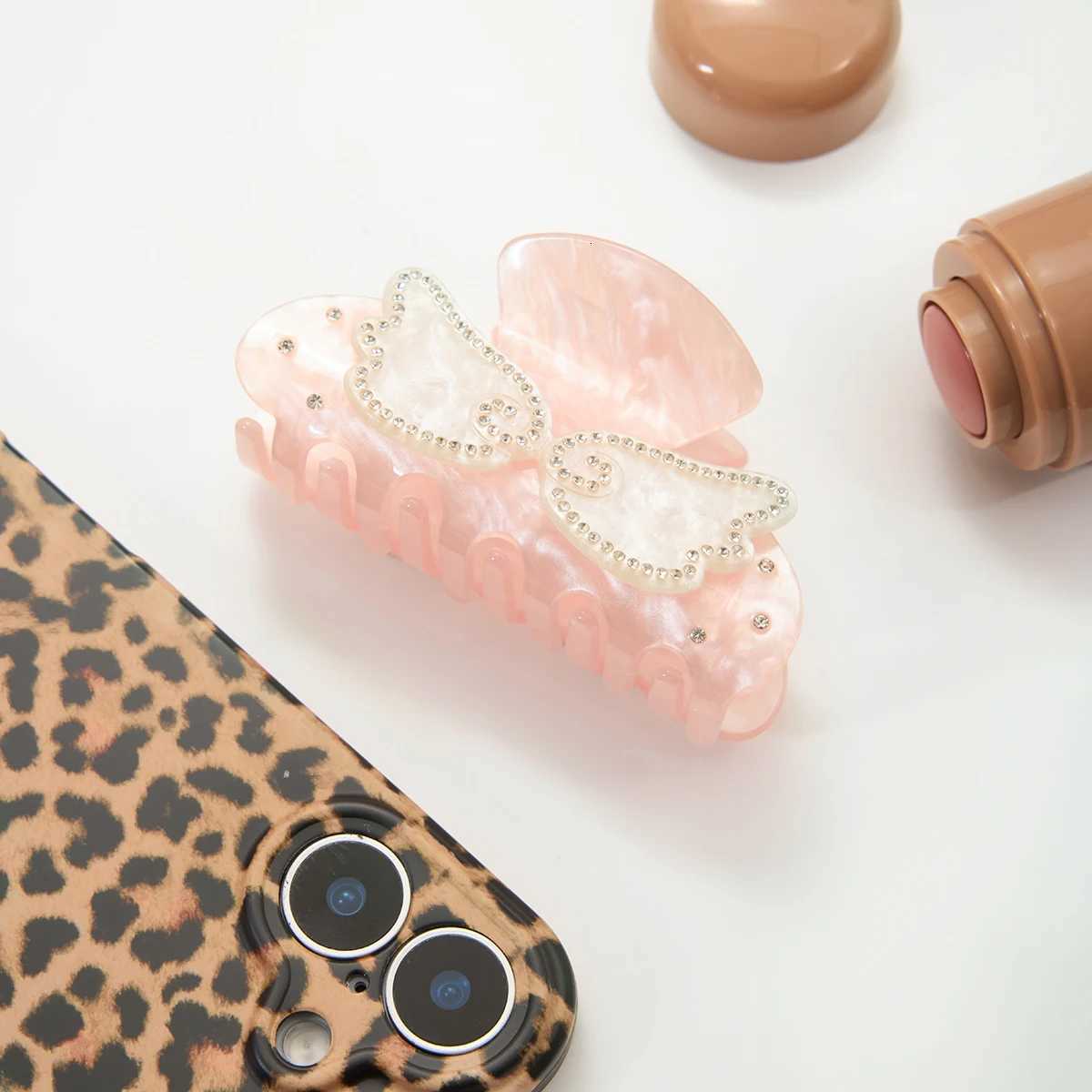 Zora Sweet Trendy Hair Accessory For Women Inlay Zircon White Wings Pink Acetate Grip Shark Clip Jewelry Party Gift DecorationW254021