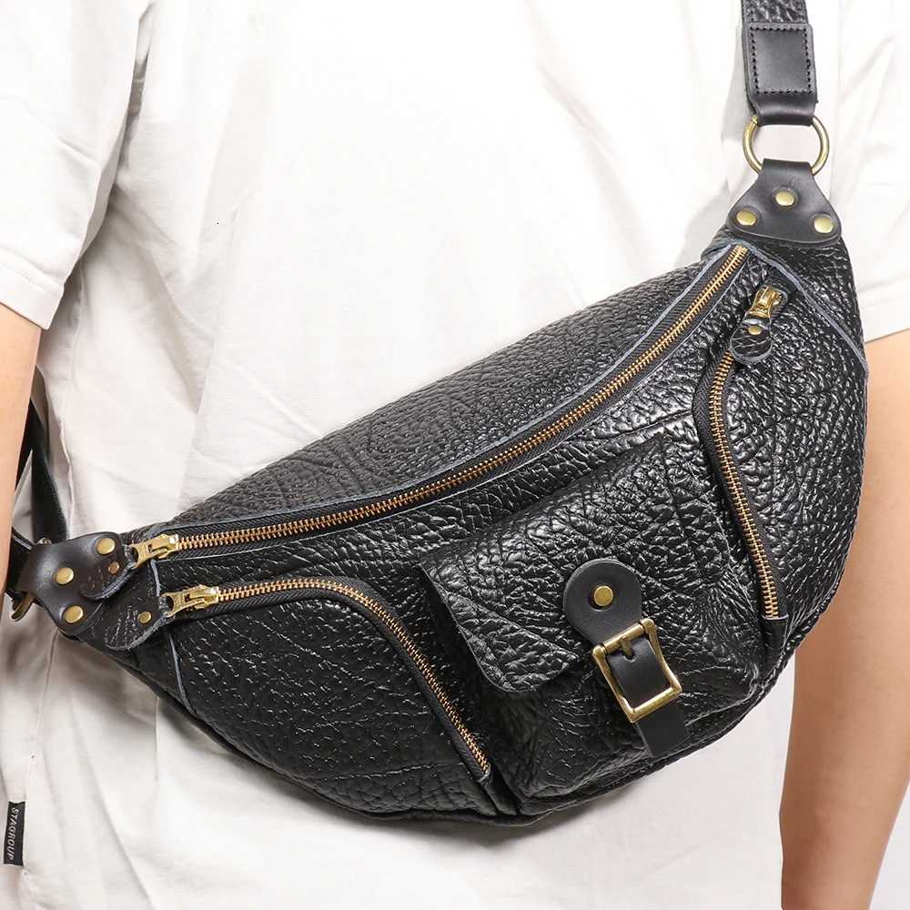 LUOKIR Bison Leather Mens Chest Bag Outdoor Commuting Casual Leather Waist Bag Top Layer Cowhide Personalized Motorcycle Bag Z251021
