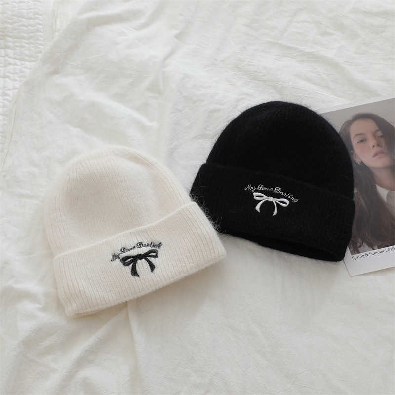 Style Bowknot Knitted Embroidered Hat Unisex Warm Rabbit Fur Yarn Hat for Women H251020