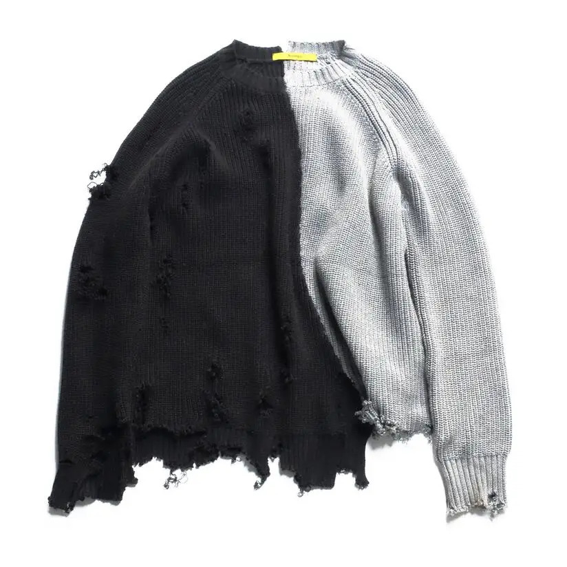 Autumn winter men ripped hole patchwork oversized knitted sweater irregular n hip hop punk knitwear women vintage pullover 251020
