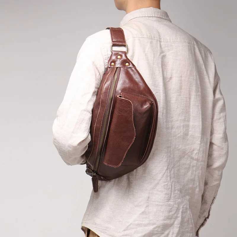 LUOKIR Retro Leather Mens Chest Bag Vegetable Tanned Leather Casual Crossbody Bag Cowhide Shoulder Bag Z251021