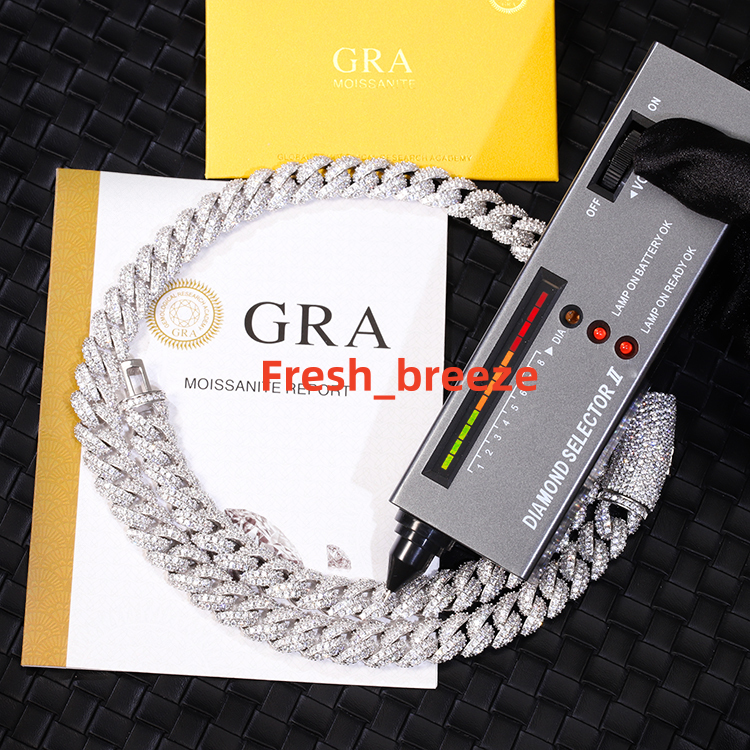 Stocks 13mm Iced Out Chain Moissanite Chain 2 Rows Hip Hop Rock 925 Silver Moissanite Bracelet 18K Gold Plated Cuban Necklace