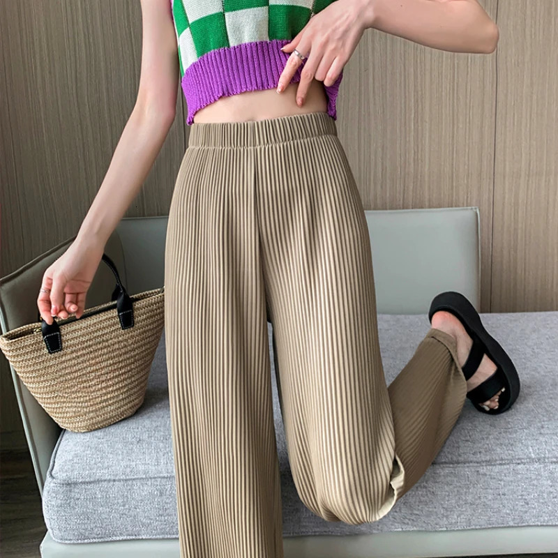 Spring Summer Ice Silk Pleated Loose Women Wide Leg Full Pant 2025 High Waist Casual Minimalism Straight Trousers for Womens 251015