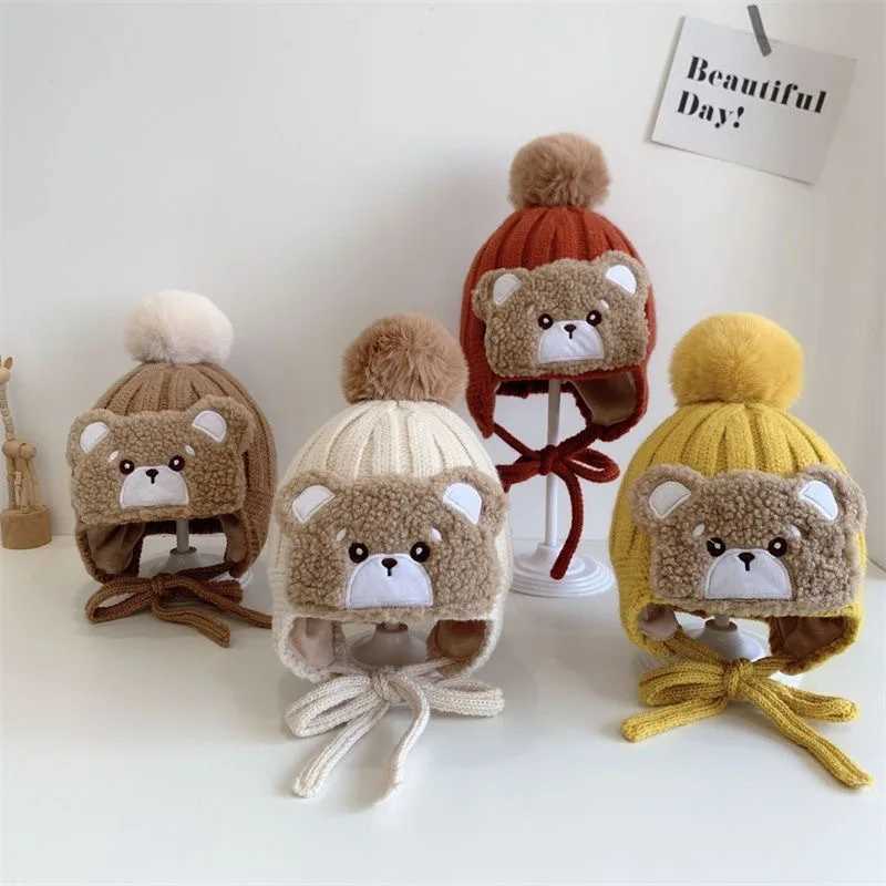 Warm Big Pompom Baby Winter Warm Hat Windproof Soft and Breathable Cartoon Bear Thick Ear Protection Cap Woolen Yarn J251021