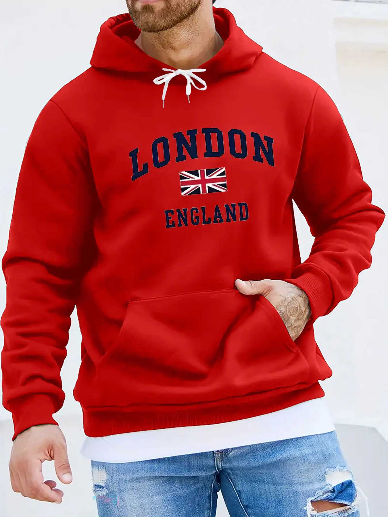 Mens autumn and winter casual fashionable loose hooded sweatshirt London England printed long sleeved warm pullover W251021