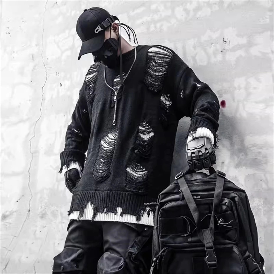 Mens Knitted Sweater Streetwear Hip Hop Punk Ripped Hole Pullover Men Oversized Harajuku Fake Two Pieces Casual Sweaters Male 251020