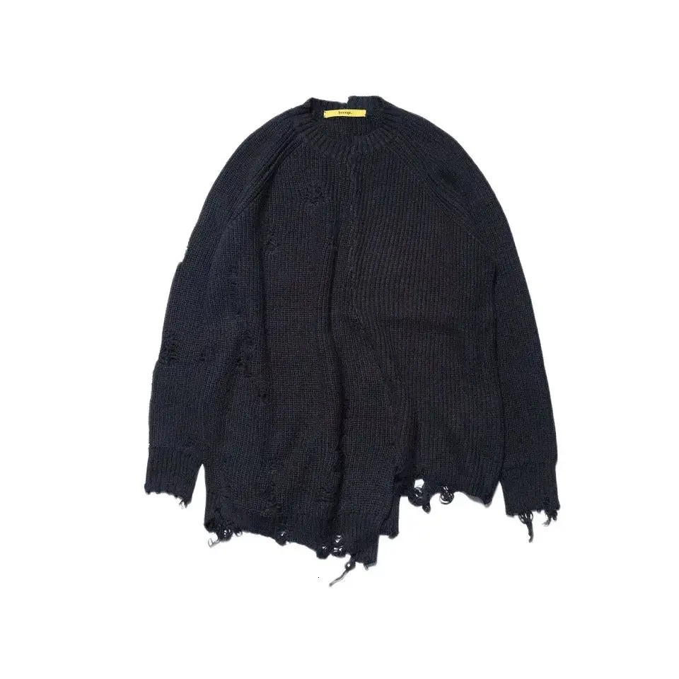Autumn winter men ripped hole patchwork oversized knitted sweater irregular n hip hop punk knitwear women vintage pullover 251020