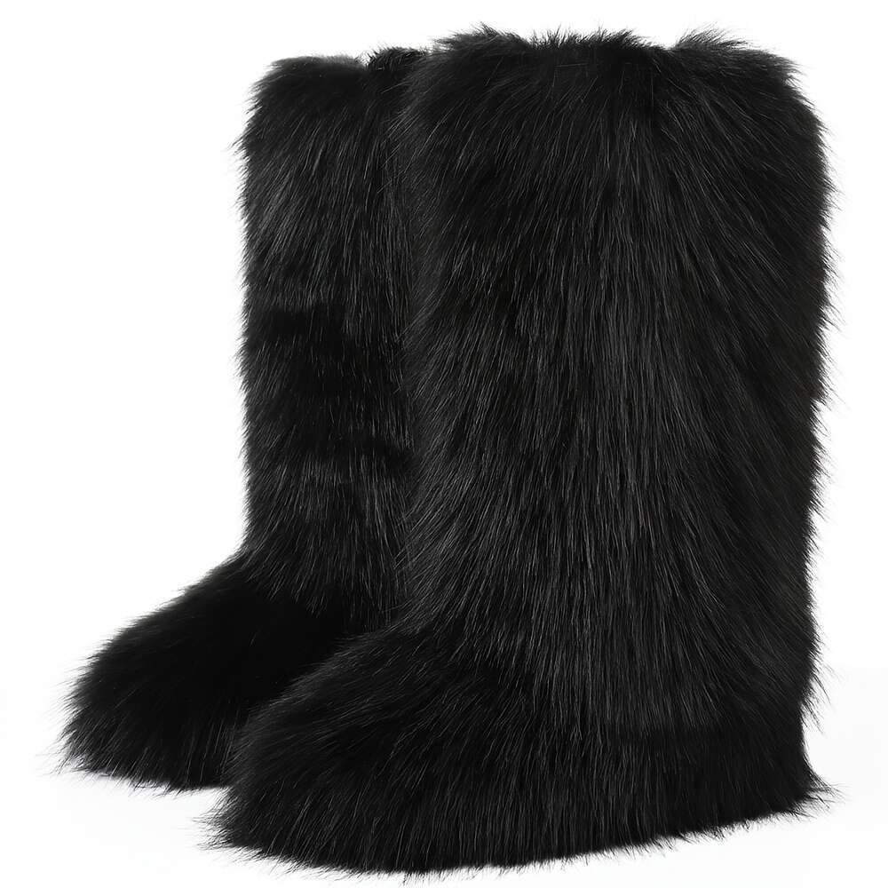 Fashion Women's Faux Fur Round Toe Flat Heel Slip On Warm Comfort Outdoor Winter Boots