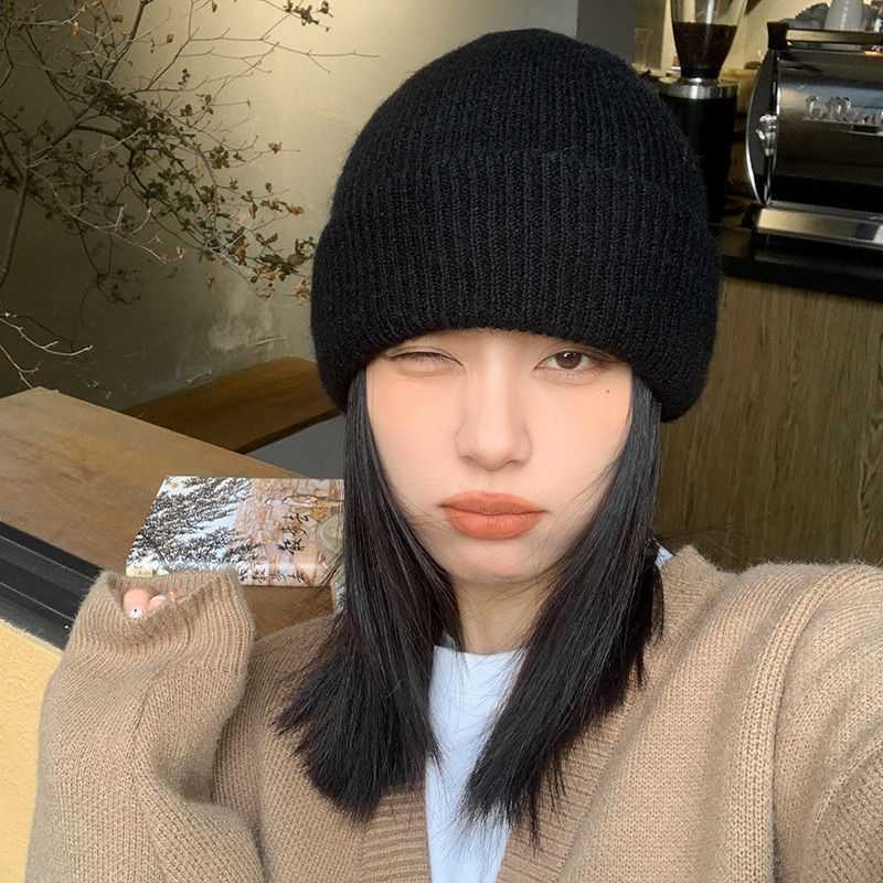 Rabbit Fursolid Color Knitted Hat Trend Autumn Winter Thickened Warm Pullover Knitted Hat for Women H251020