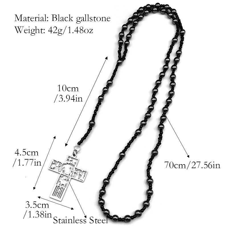 Jesus Cross Baptism Christianity Pendant Necklace For Men Stainless Steel Black Rosary Beaded Silver Color Long Chain Jewelry XJ250717