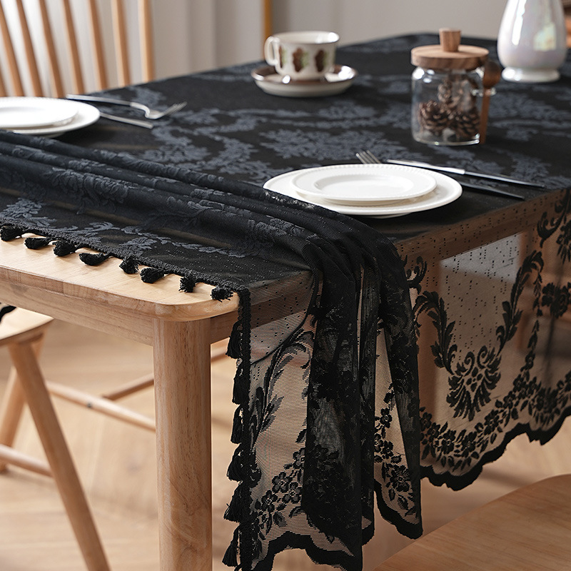 Tassel lace tablecloth home black and white rectangular table mat coffee table decorative tablecloth Y3WC01