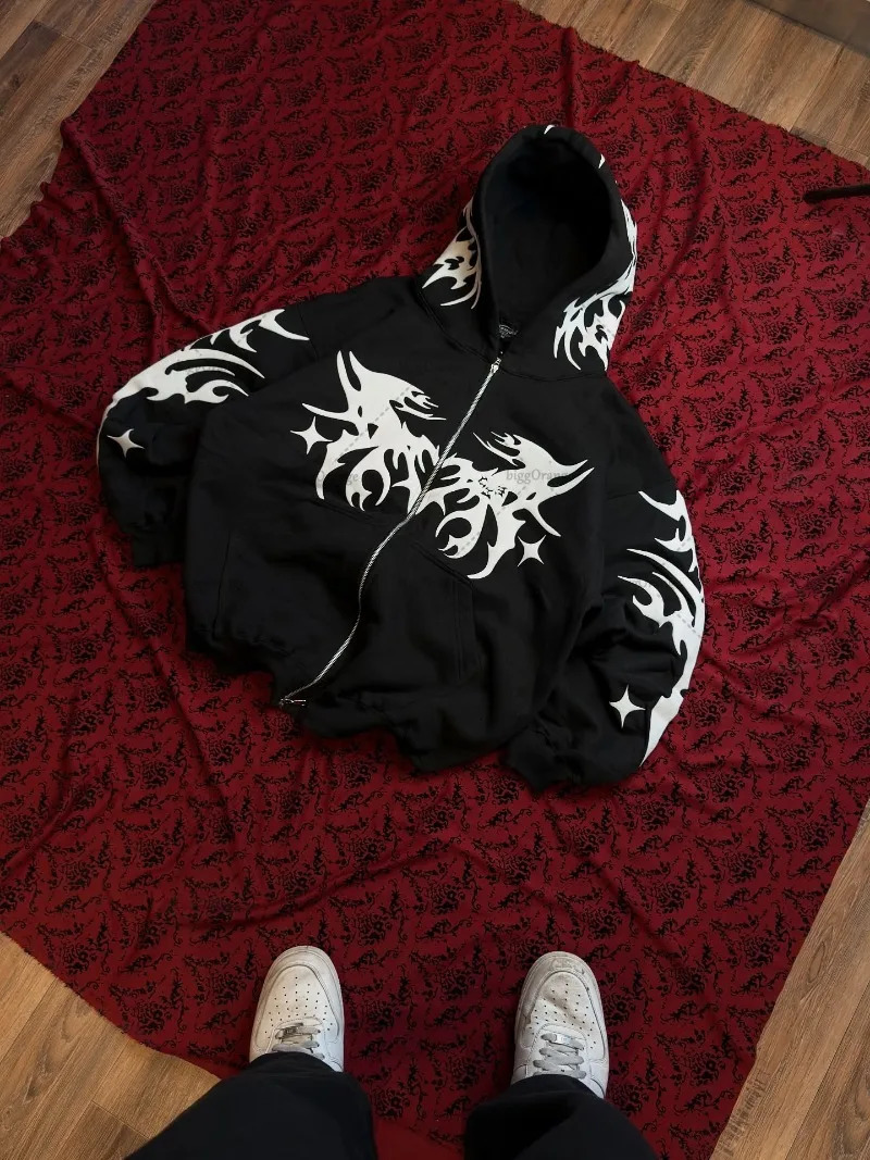 American Harajuku Punk Retro Striped Fashion Zipper Hoodie Men Street HipHop Y2K Casual Loose Sweatshirt Women 251017