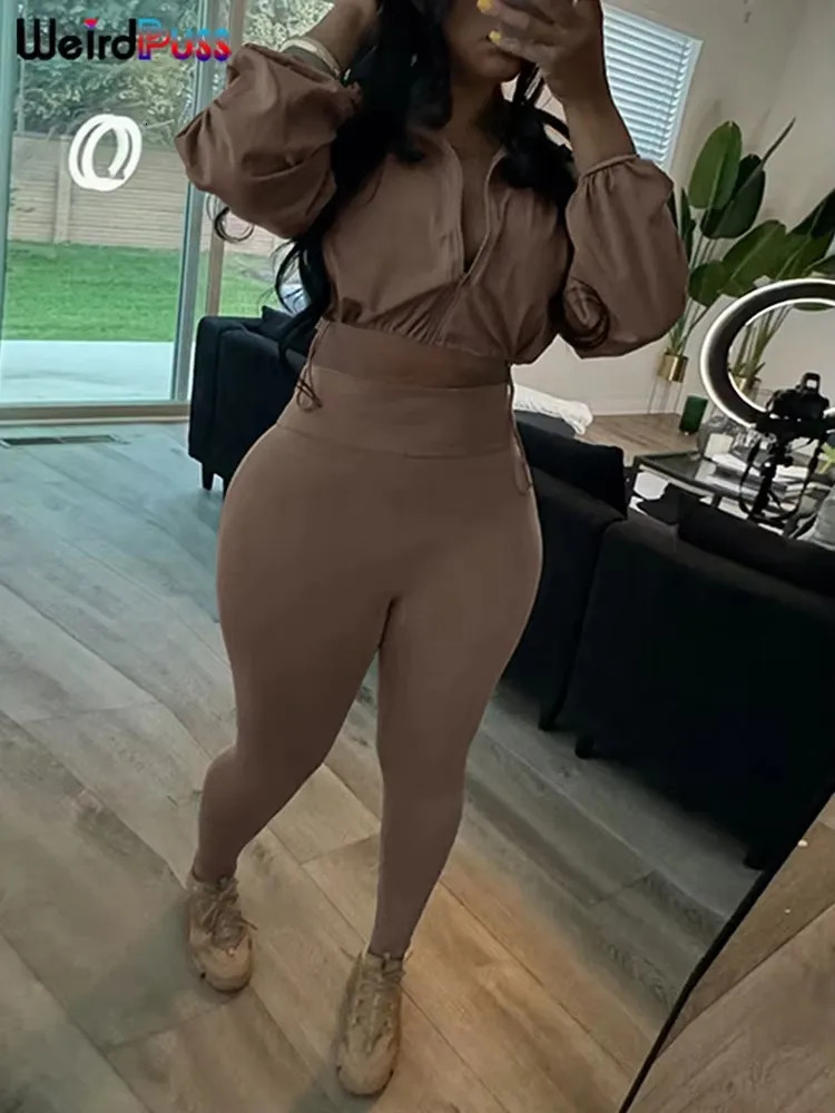 Weird Puss 2026 Spring Women Tracksuit 2 Piece Set Casual Zip Thin Drawstring Crop JacketLeggings Street Sporty Matching Suit 251021
