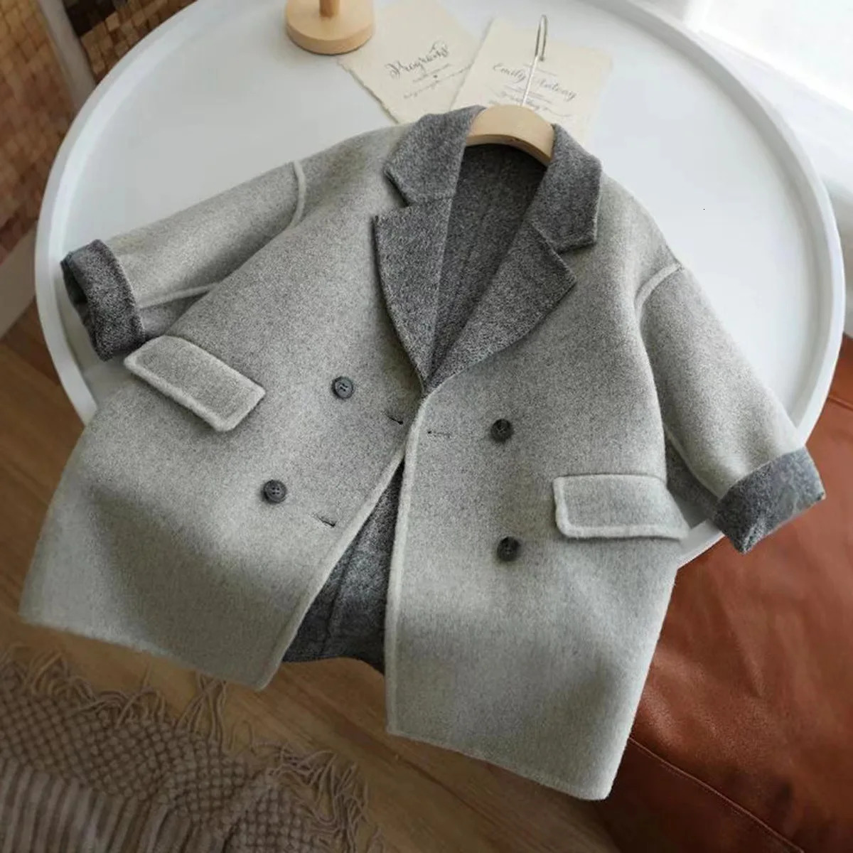 Childrens Autumn and Winter Gray Doublesided Cashmere Coat for Boys with Color Combination and Thickened Woolen Coat 251017