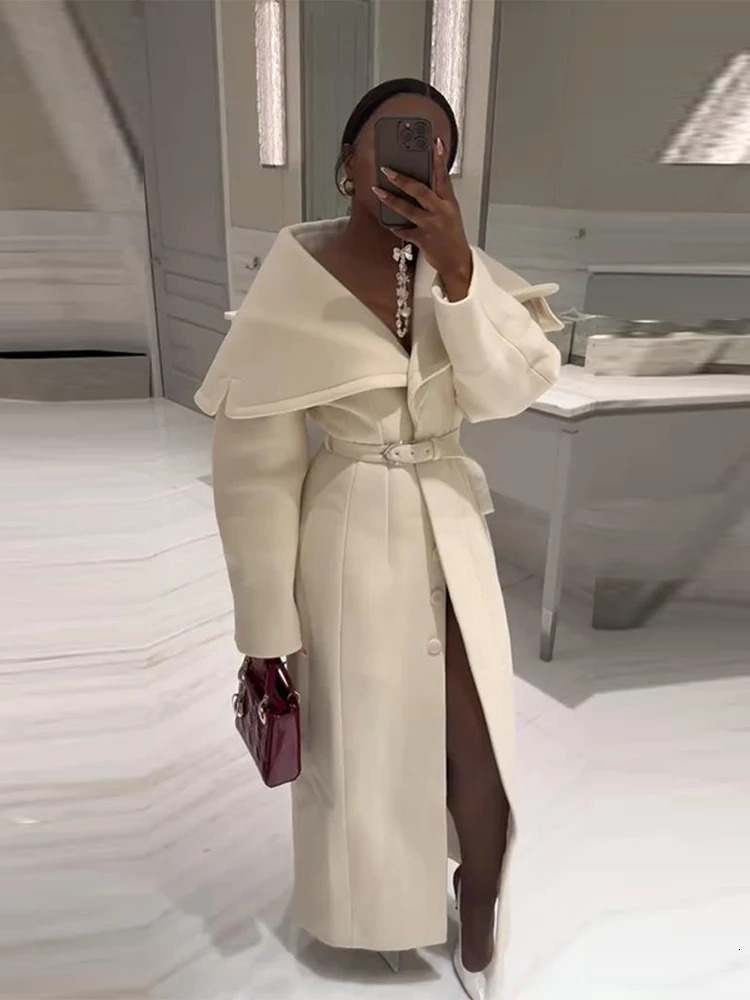 Elegant Womens Wool Blend Maxi Dress Coat Oversized Cape Lapel Belted Chic Outerwear Loose Warm Autumn Winter Fashion Outfit 251017