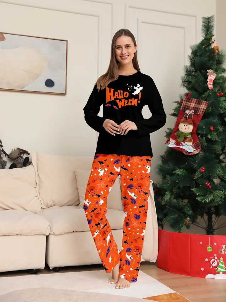 Parent Child Halloween Pajamas Set Black Tops Orange Pants HALLOWEEN Ghost Prints L251021XM2J