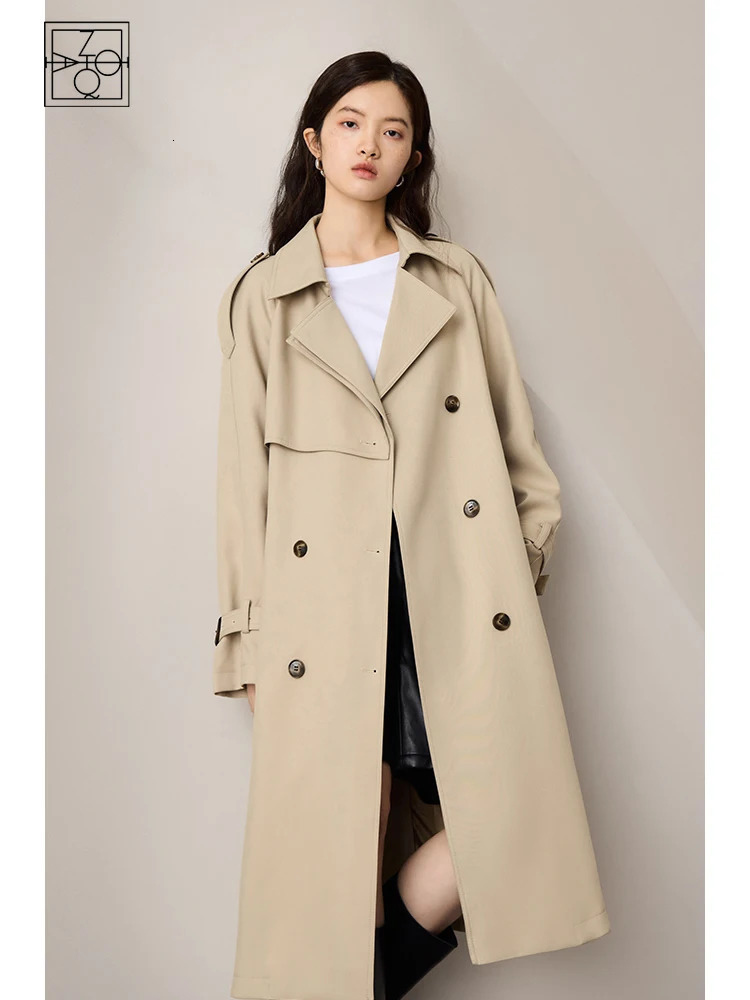 ZIQIAO Women British Style Double Breasted Casual Trench Coats Autumn Long Temperament Black Trench Jackets Straight FemaleCoat 251013