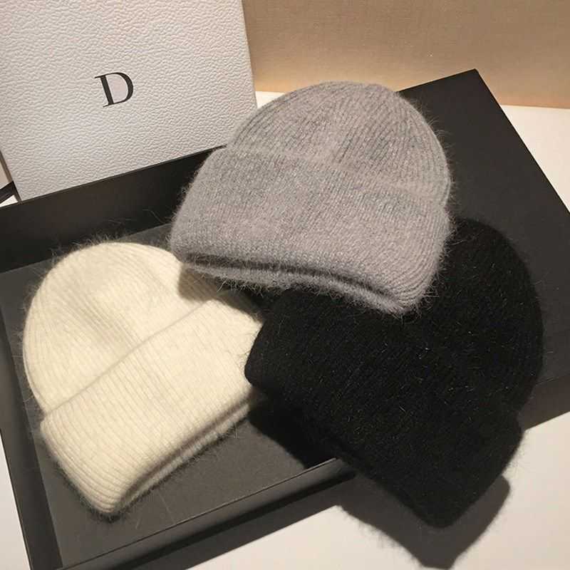 Rabbit Fursolid Color Knitted Hat Trend Autumn Winter Thickened Warm Pullover Knitted Hat for Women H251020