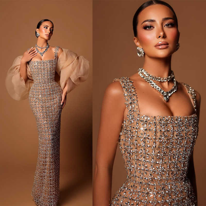 Gorgeous Evening Dresses Mermaid Square Neck Rhinestones Crystals Formal Occasion Backless Evening Gowns Prom Dresses Custom Made Vestidos de noche