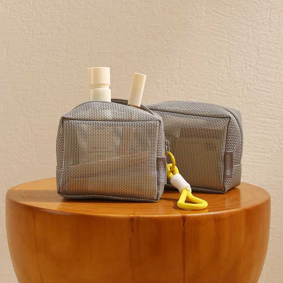 Portable Mesh Cosmetic Bag Grey Large Capacity Zipper Coin Purse with Handle Square Lipstick Key Storage PouchW251021