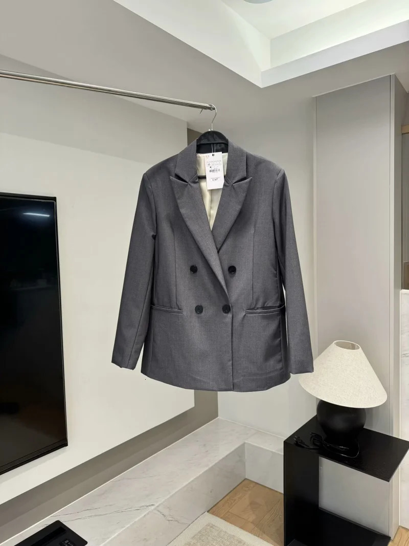 ETJ Womens Spring suit Set with shoulder padded doublebreasted blazer highwaisted pleated widelegged pants 251021