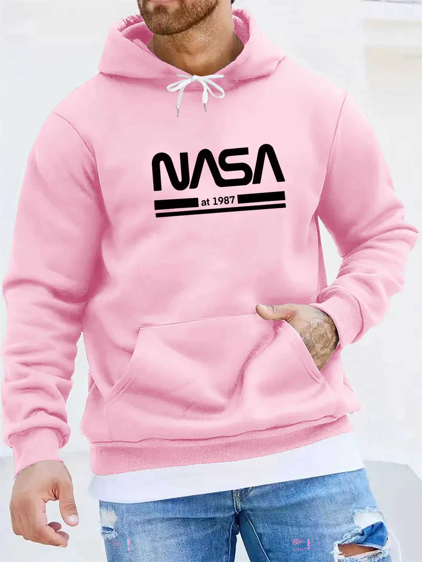 Mens autumn and winter casual fashionable loose hoodie NASA letter printed long sleeved warm pullover sweater W251021