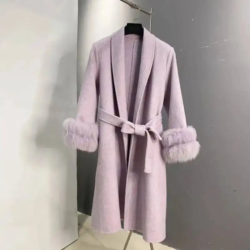 EWQ Double Sleeved Fur Fox Fur Thick Outerwear Purple Wool Coat Beautiful Overcoats Cardigan With Belt Autumn Winter 251017