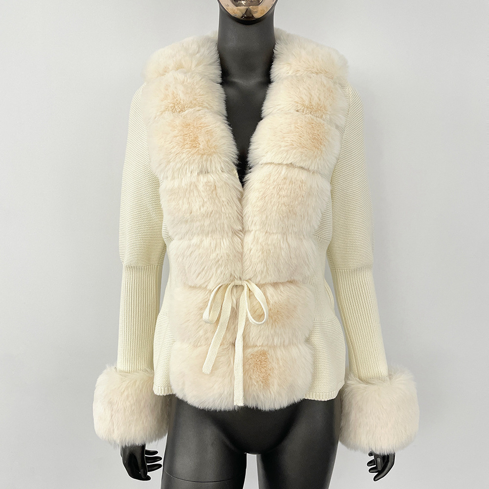 Fall Winter Women Faux Fur Coat Knitted Sweater Fur Cardigan Detachable Collar White Pink Jacket Faux Fur Coats 241106