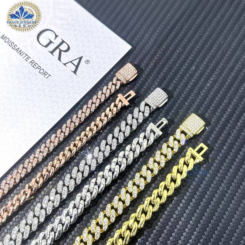 Wholesale 8MM 10mm 12mm 14mm Hip Hop Vvs Diamond Necklace Bracelet Dropshipping Silver Iced Out Cuban Link Moissanite Chain
