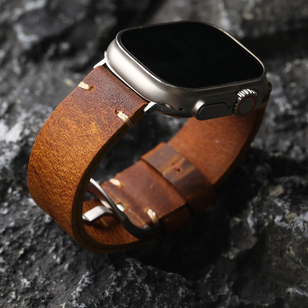 Handmade Top Layer Cowhide Strap Retro Style For iWatch Watch Ultra 2 49MM 45MM 44MM 42MM Men Thickened Watch Chain Brown 251016