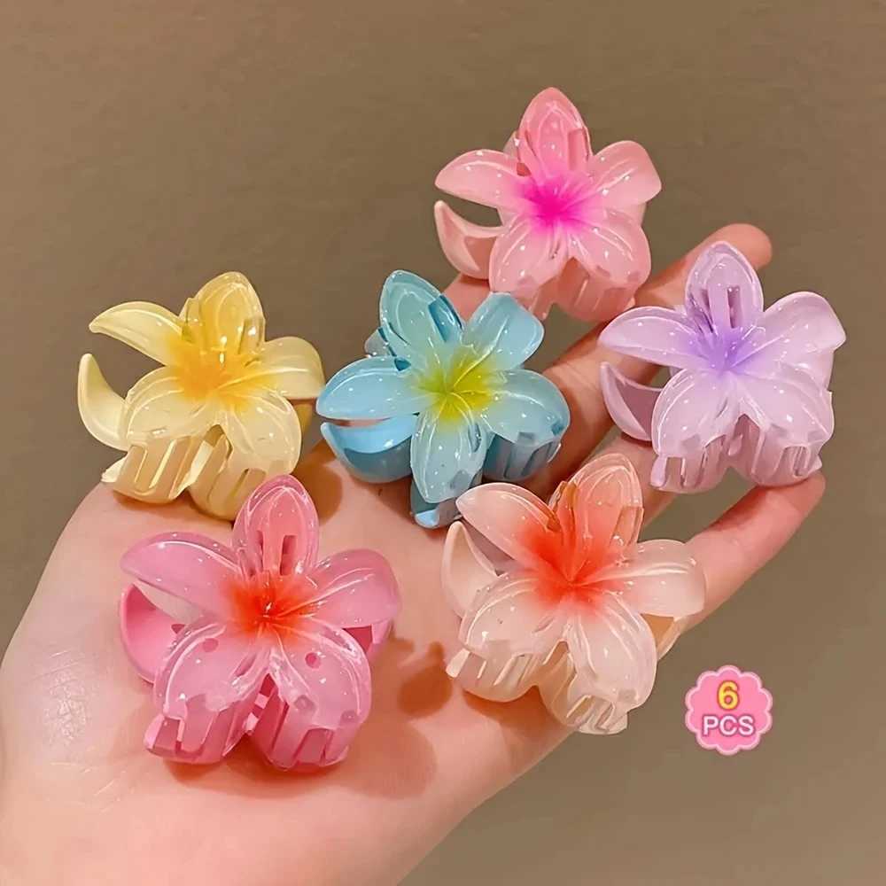 6pcs Hawaiian Gradient Hair Clips Small Flower Hair Claws Crab Barrettes Fashionable Headwear Accessories for WomenW254021
