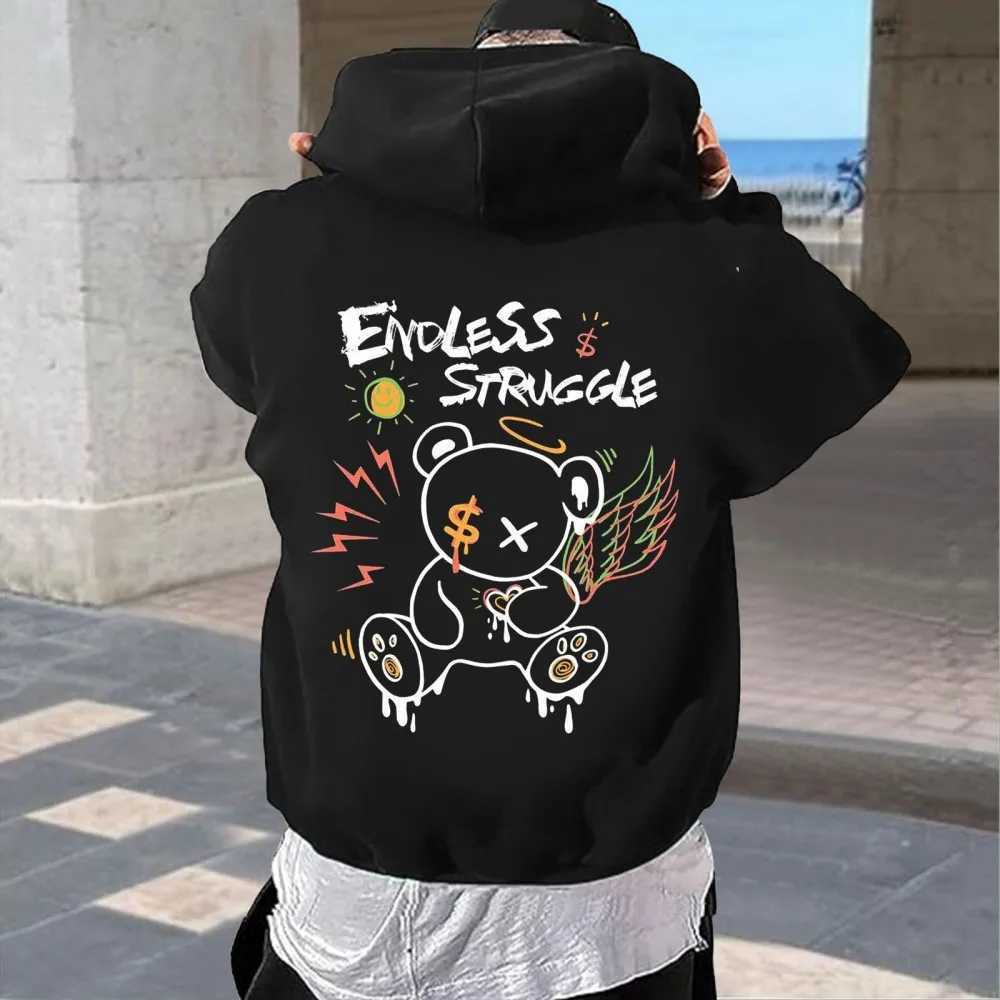 Hot selling mens autumn cartoon bear print soft and comfortable hooded sweatshirt outdoor street style clothing W251021