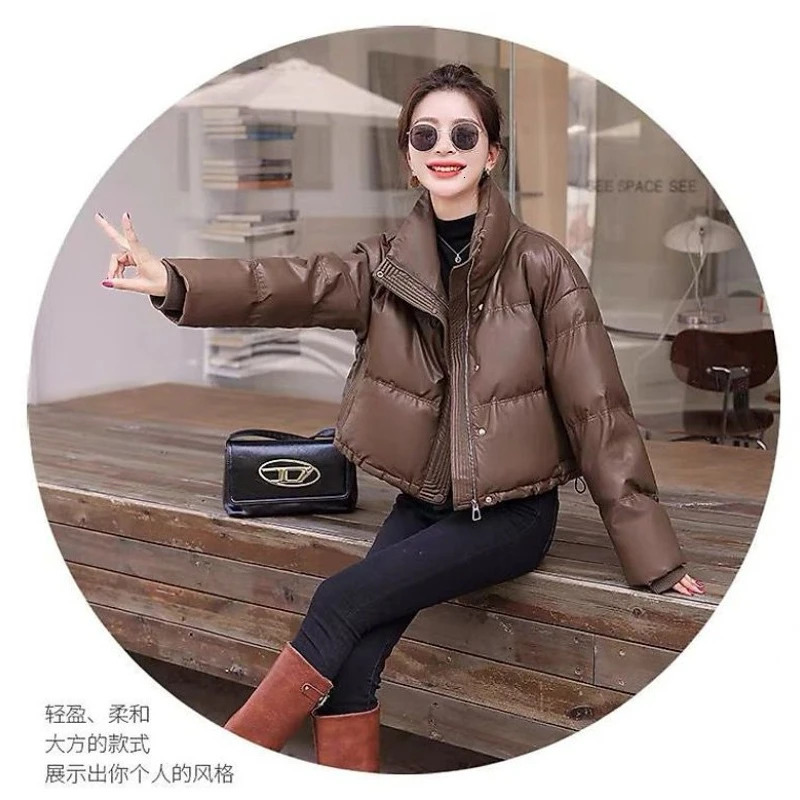 Solid Color Windproof Cropped Puffer Jacket Women Winter Thick Short Coat Warm Fluffy Parka Vintage Tops Womens Clothing 251021