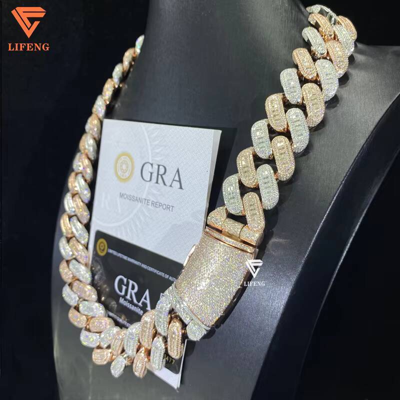 Baguette Cut Necklace Hip Hop Popular Special 26MM Big Size Two Tone Silver Mixed Rose Gold Men Moissanite Cuban Link Chain
