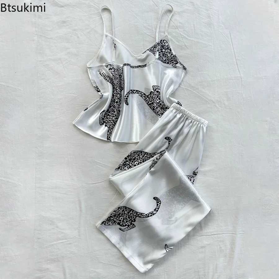 2025 Summer Womens Sexy Pajamas Leopard Print Suspenders Trousers Set Fashion Simulation Silk Senior Sense of Home Wear Pajamas Y251104