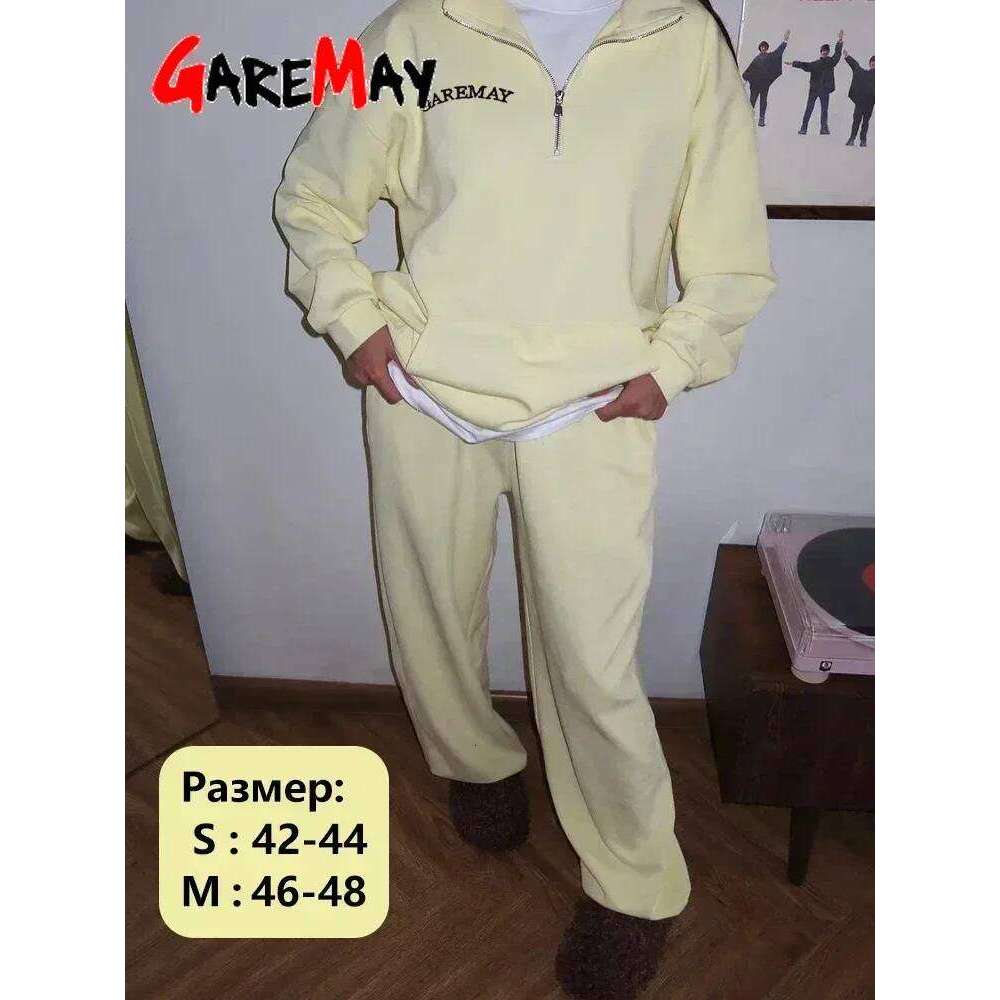 Spring Women's Tracksuit With Zipper Cotton Oversize Classic Pink Two Piece Set Casual Yellow Trouser Suits For Women