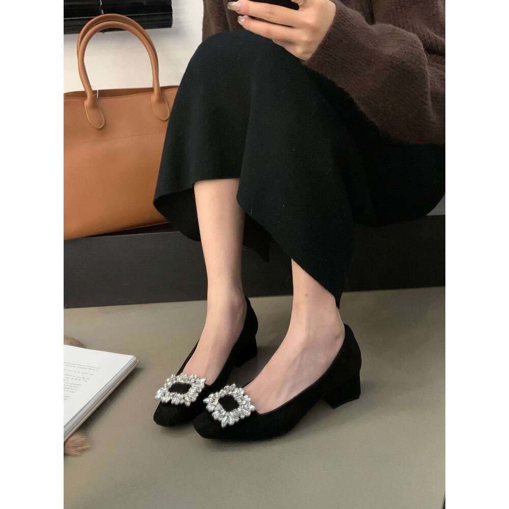 Square Toe Rhinestone French Low Heel Single 2025 Spring New Flat Designer Shoe Elegant Black Leather Commuter Shoes
