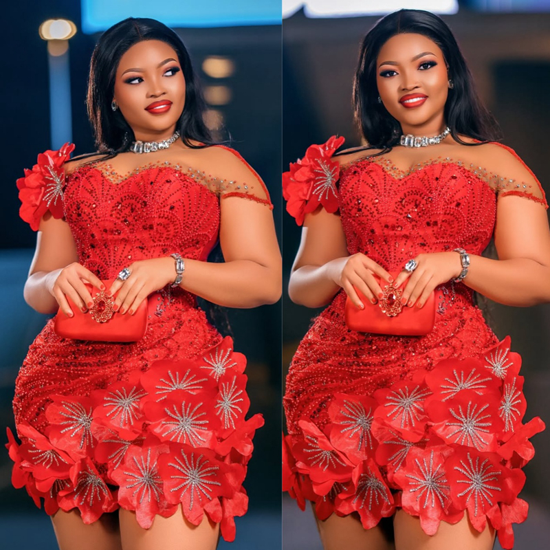 2026 Red Cocktail Dresses For Women Short Mini Dress Sequined Lace Short Sleeves Beaded Lace Homecoming Dresses Flora Gown For Nigeria Black Girls C44